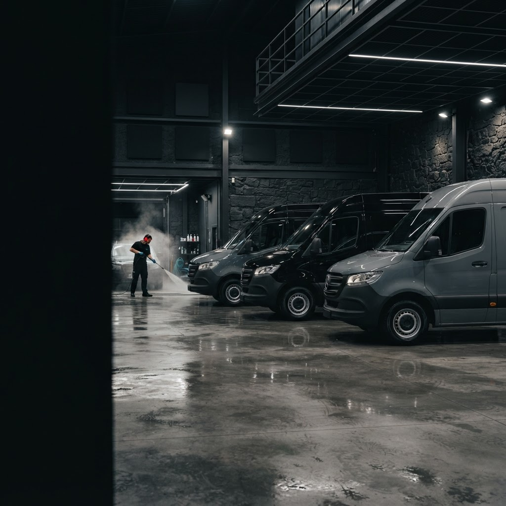 Frota de viaturas comerciais preparada para detalhe automóvel profissional
